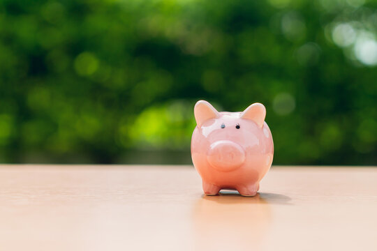 Pink piggy bank on table with green nature background, Save money for prepare retirement concept.