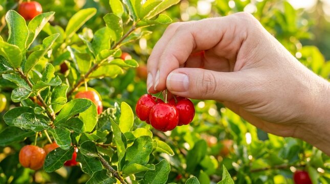 Hand picking ripe acerola cherries from a tree