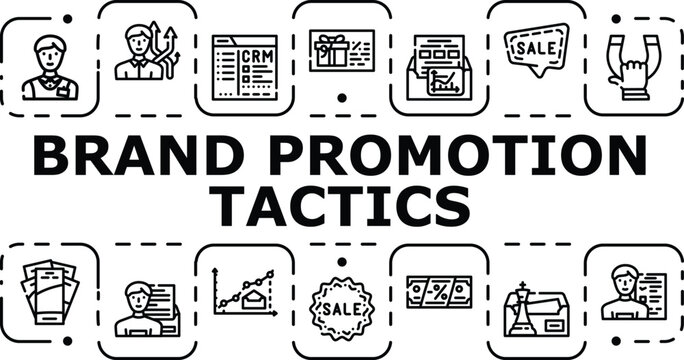 Brand promotion tactics banner infographic. Positioning advertising, outreach engagement, audience campaign icon vector illustration