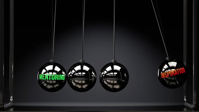 Mentoring leads to inspiration. Mentoring play a key role in achieving inspiration. Elegant Newton cradle metaphor for cause and effect relation between mentoring and inspiration.