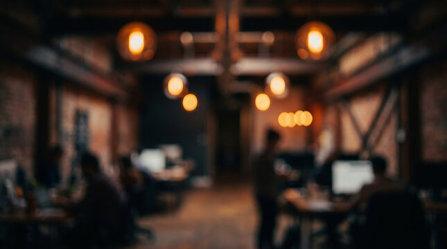 Blurred loft office interior background with warm edison bokeh lights and silhouettes of people working at computers, perfect for creative agency website banners and presentations