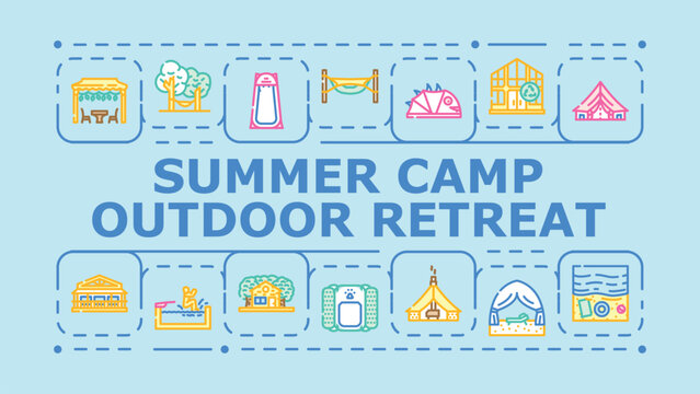 Summer camp outdoor retreat banner infographic. Adventure picnic, trail bonfire, sunrise crafts icon vector illustration