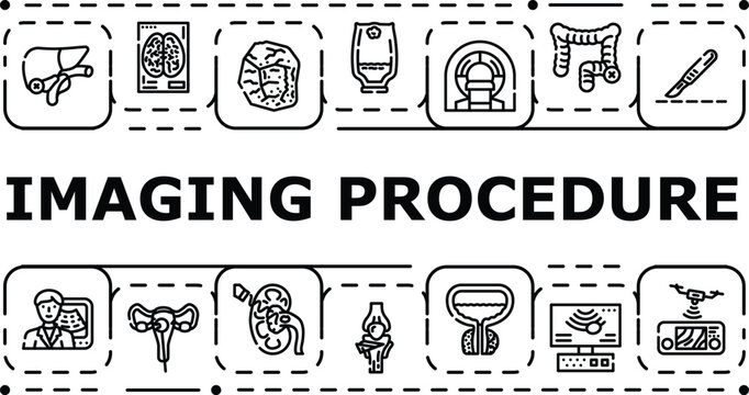 Imaging procedure banner infographic. Angiography magnetic, camera ultrasound, picture biopsy icon vector illustration