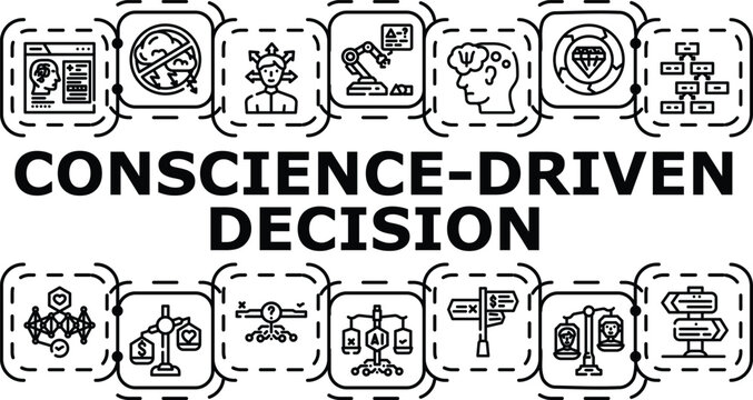 Conscience-driven decision banner infographic. Empathy reason, integrity deliberation, accountability principle icon vector illustration