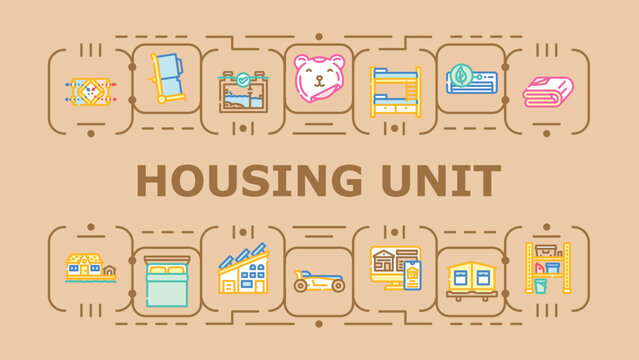 Housing unit banner infographic. Building tenant, residence room, condominium exterior icon vector illustration