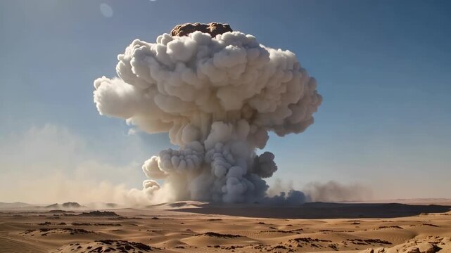 Massive mushroom shaped explosion cloud rises above a sunlit desert landscape, expanding across the horizon in a dramatic atmospheric scene