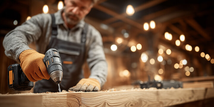 Carpenter drilling wooden plank at workbench in warm workshop