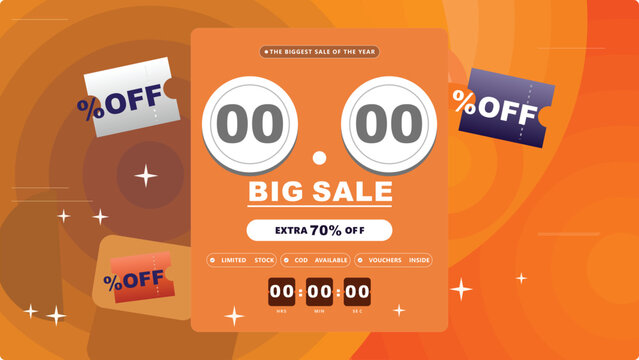 Big Sale Countdown Banner Vector, Online Shopping Festival 2026, Orange Promotional Discount Template, Shopping Offer Background