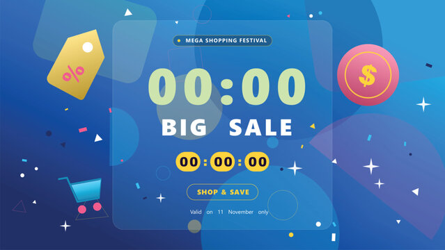 Mega Shopping Festival Big Sale Countdown Banner Vector, Promotional Event Discount Background, E-Commerce Deal Web Header Template