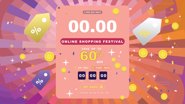 Online shopping festival sale banner template, shopping festival banner, mega sale 3d podium, mega discount promotion design vector illustration, pink and purple e-commerce poster