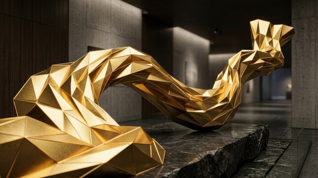 Golden geometric sculpture in a modern minimalist interior room.