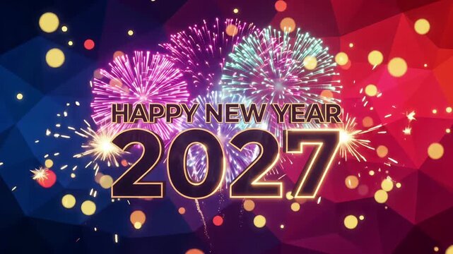 New Year 2027 celebration animation with fireworks and glowing low poly background motion graphic
