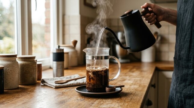 Pouring hot water from black kettle into glass carafe.