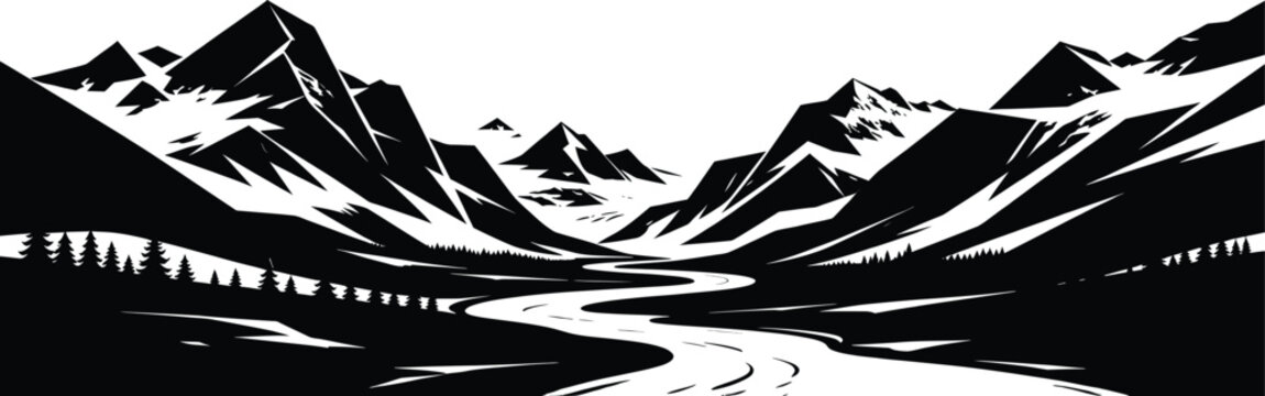 Dramatic mountain range landscape black and white illustration vector art