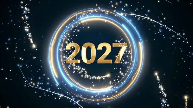 New year 2027 glowing portal animation with spinning gold rings and particle background loop
