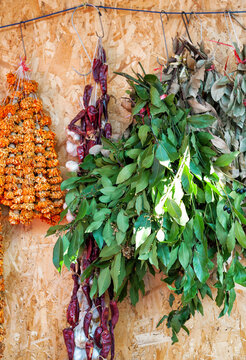 Hanging dried herbs and spices market wall display. Rustic wooden background with organic garlic and flowers
