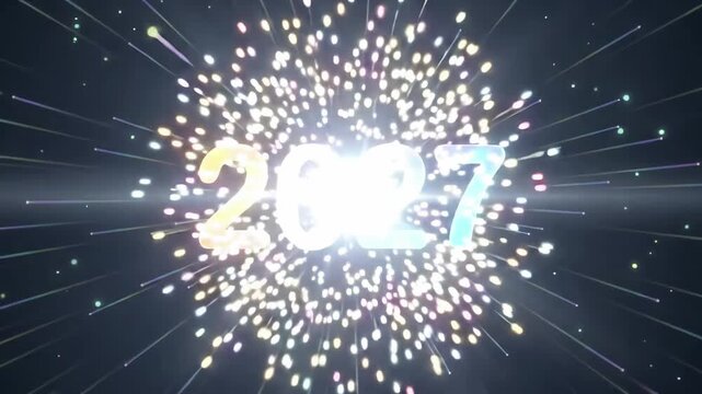 New year 2027 neon glowing numbers animation with exploding light rays background loop
