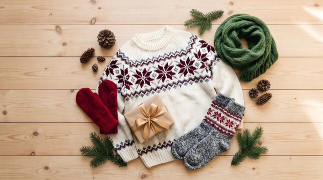 Top view of cozy knitted Christmas sweater with snowflake pattern, red mittens, socks, scarf and small gift