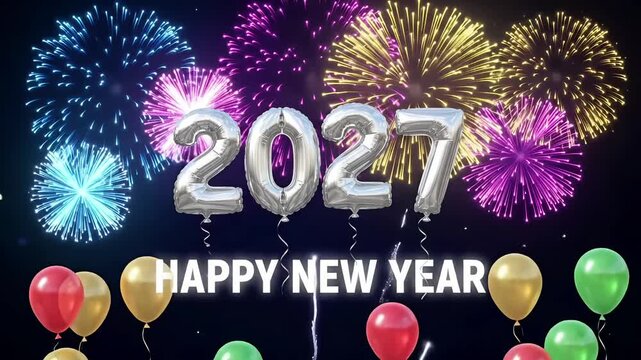 New year 2027 silver foil balloons animation with colorful fireworks background loop
