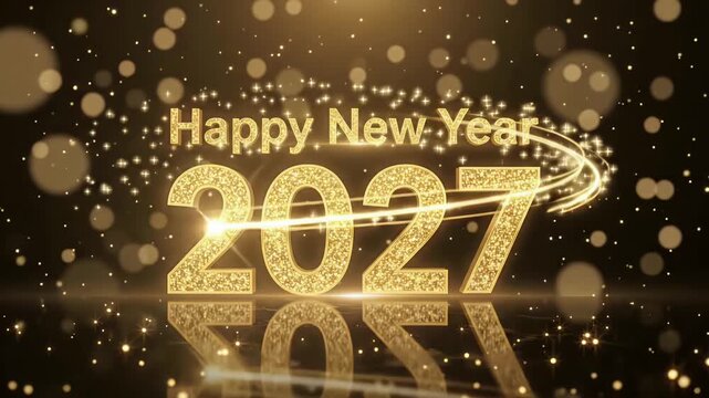 New year 2027 gold glitter typography animation with sparkling bokeh light background loop
