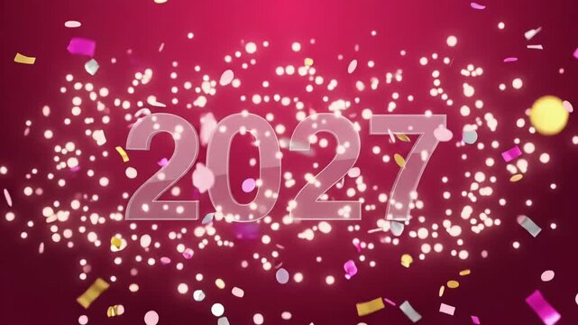 New year 2027 red glass numbers animation with falling confetti motion graphic background
