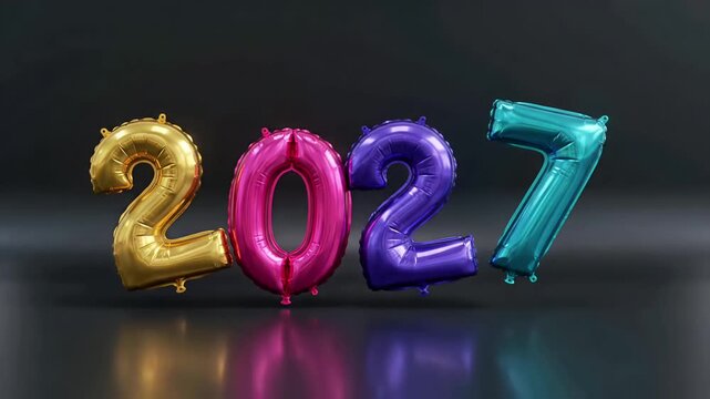 New year 2027 colorful foil balloons animation with reflective surface background loop
