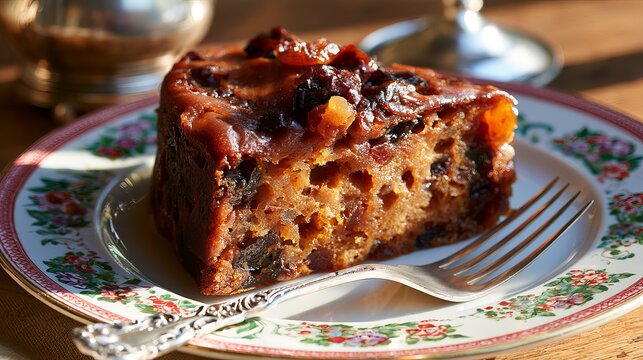Rich fruitcake sits on a decorative plate with a silver fork, showcasing the traditional holiday dessert&rsquo;s dark, moist texture and festive ingredients.