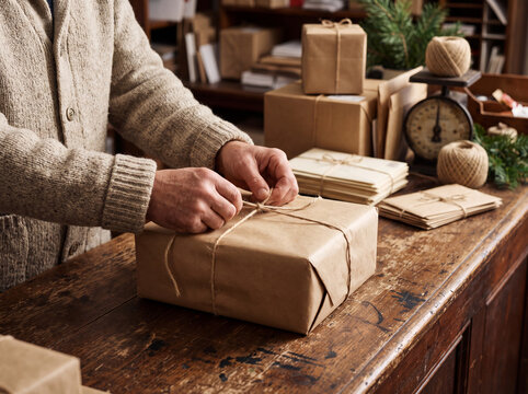Small business owner tying a string on craft paper wrapped parcel on wooden table in rustic gift workshop