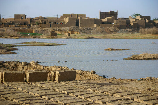 Rows of mud bricks drying near the Niger River with the mud houses of the old town behind, Mopti Region, Djenne, Mali