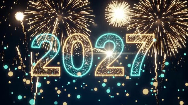 New year 2027 sparkling numbers animation with exploding fireworks background loop

