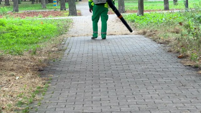 Landscape worker in green uniform clearing dry grass and fallen leaves from paved park pathway using electric blower machine during seasonal maintenance