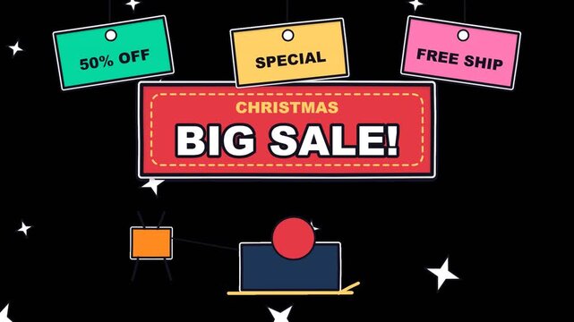 Christmas Big Sale Promotion Banner with Hanging Discount Tags and Shopping Icons