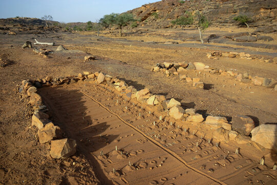 Pale fox divination tables drawn in the sand and bordered with stones, Mopti Region, Bandiagara, Mali