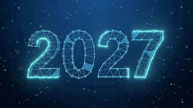 New year 2027 digital wireframe mesh numbers animation with technology background loop

