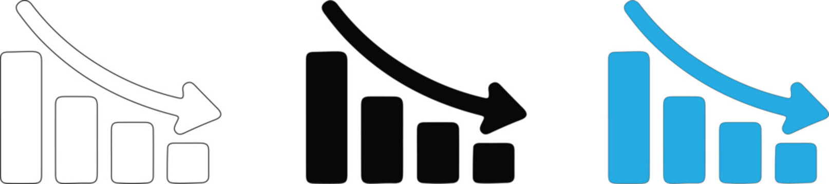 Decreasing bar chart icons set featuring falling downward arrow and business decline loss vector illustration