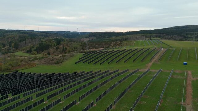 Solar panel station, efficiency renewable sustainable energy, photovoltaic system, infrastructure and technology, clean electricity, damaged forest trees, Germany