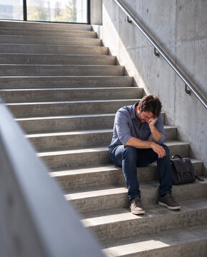 Man crying alone on staircase, feeling sad