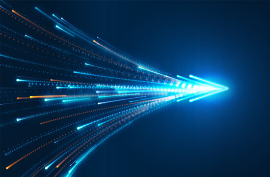 Abstract blue arrow speed background. Forward direction, light particle trails, technology data concept. Digital business power, energy, future. Fast motion banner, presentation. Vector illustration.