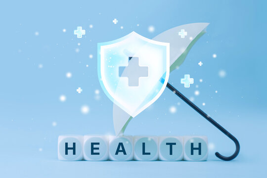 Health insurance concept with umbrella, HEALTH letter blocks and medical shield on a blue background. Healthcare coverage, patient protection and risk management for insurance advertising.