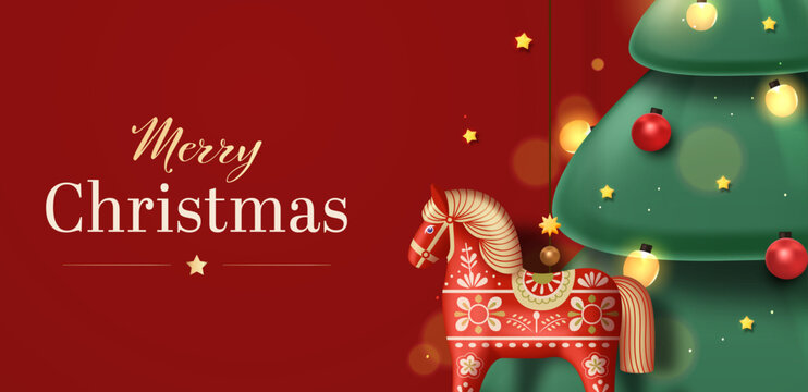 Christmas Banner with Decorated Christmas Tree and Traditional Red Rocking Horse on Festive Red Background Editable Vector Illustration. Holiday banner