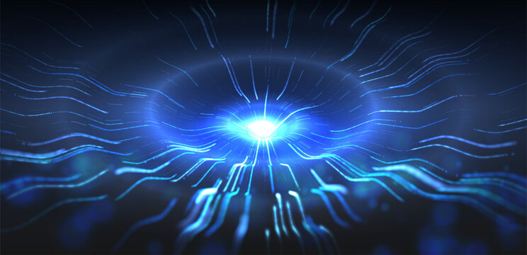 Abstract AI technology background. Digital data network, glowing light signal lines, neural circuit, circle energy. Blue futuristic science concept, design for business banner. Vector illustration.