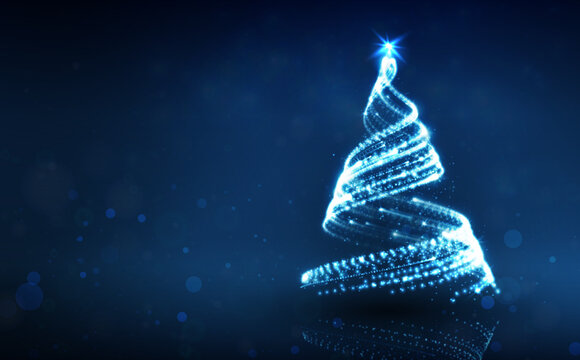 Digital Christmas tree technology background. Blue neon light spiral, futuristic tech data, glow, star. New year holiday concept, abstract design for banner, card, greeting. Vector illustration.
