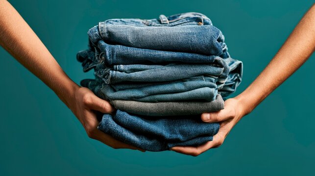 Blue denim jeans stack held by hands against teal background in a sharp focus studio shot for fashion retail and laundry service marketing