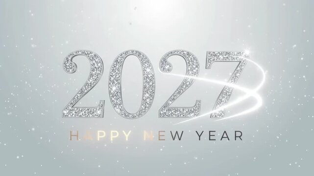 2027 silver glitter new year text with glowing light streak motion graphic background
