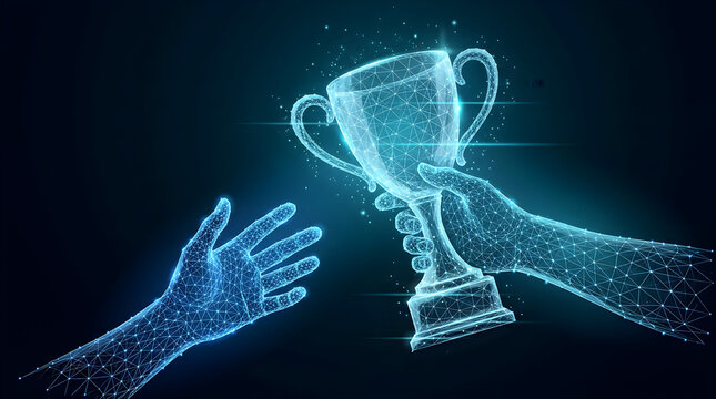 digital wireframe hands passing a glowing trophy