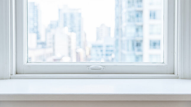 Empty pure white wooden window sill pointing towards transparent glass panes revealing highly blurred modern urban city building background during bright daytime