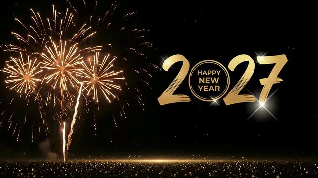 2027 gold text happy new year with glowing fireworks and sparkling particle background
