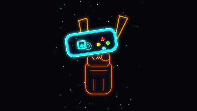 Neon game controller glowing against dark background