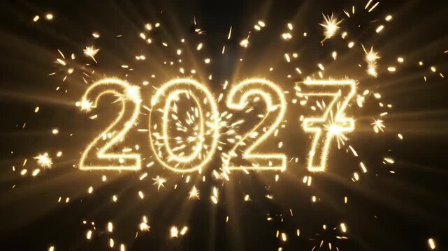 2027 sparkler typography new year text with glowing light rays motion background
