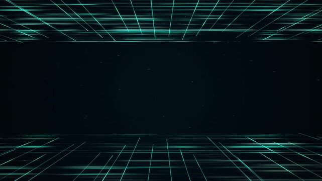 Cyan neon grids recede in perspective around dark central copy space. Seamless technology background loop for titles, presentations and gaming visuals.